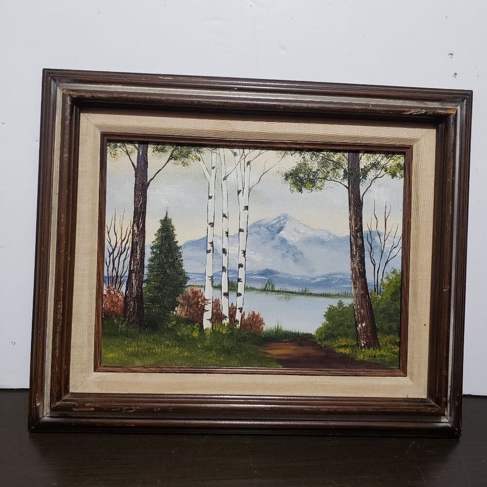Canvas Oil PaintingLandscape Lakeside Signed Wood Framed 17" x 14"